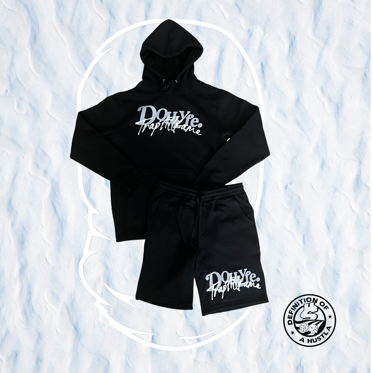 Dohlyfe x TrapTillFame Black/white/grey Shorts And Hoodie Set