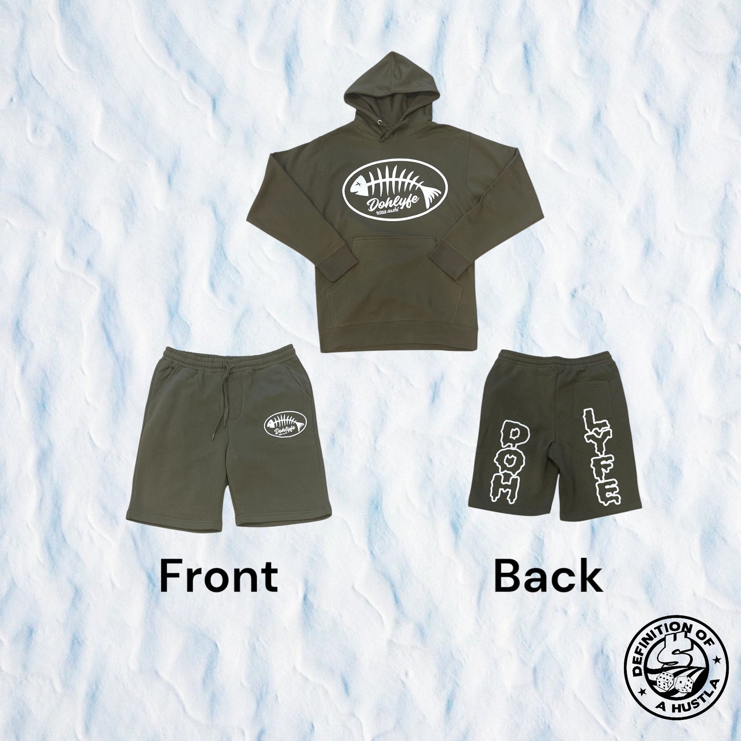 Dohlyfe Raw Sushi (olive green and white) hoodie/shorts Suit