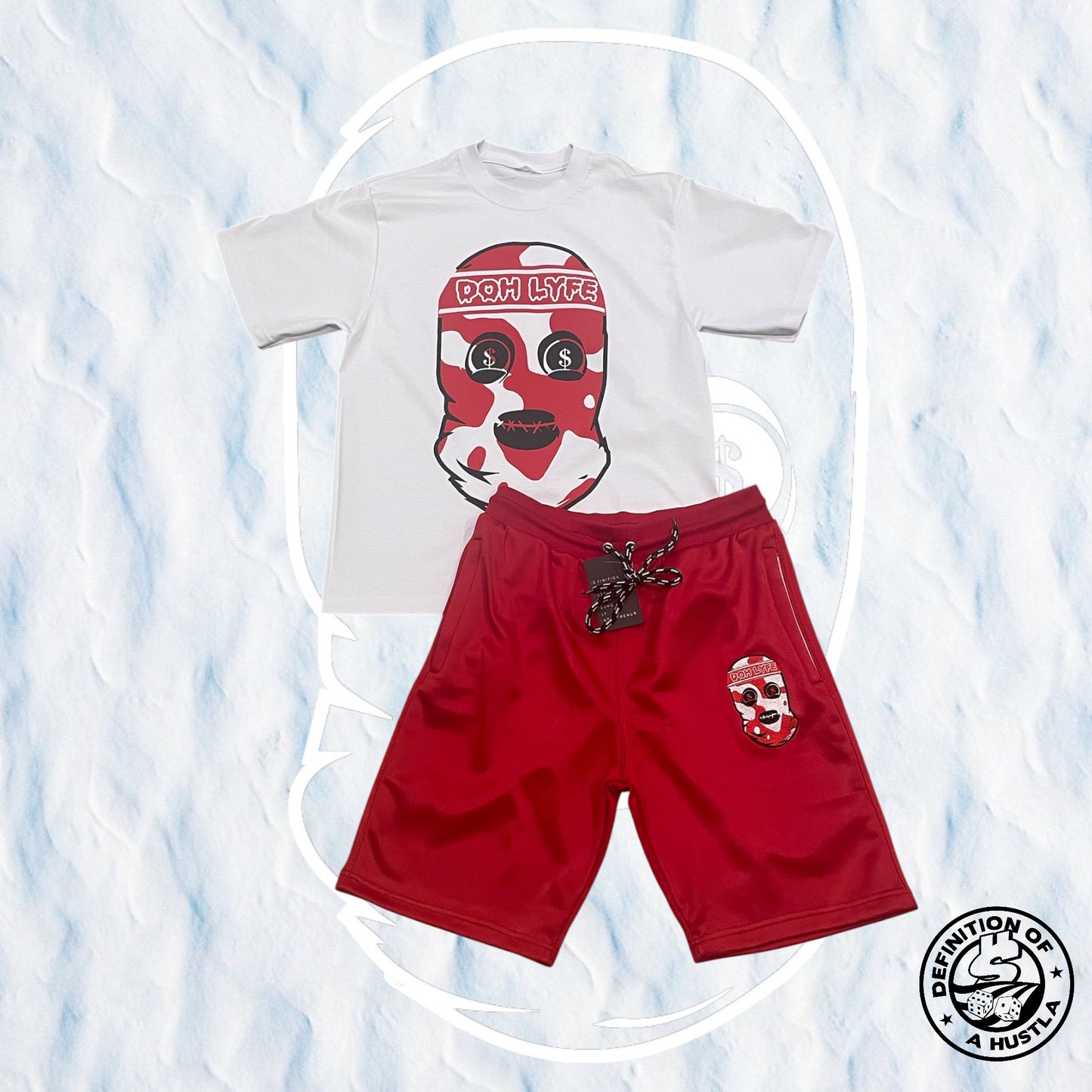 Dohlyfe Camo Skimask Red, Black, and White short set